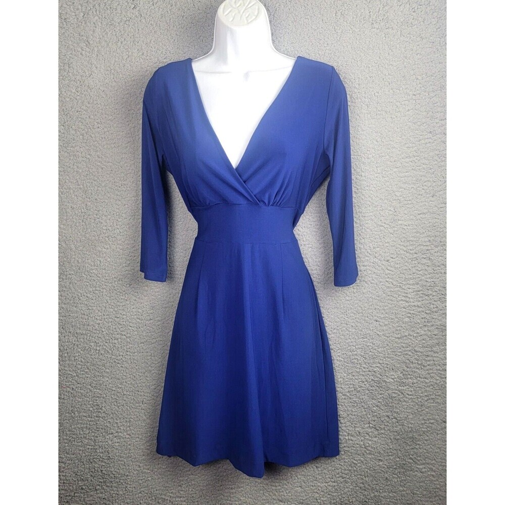Clara Sun Woo Faux Wrap Blue Stretch Knit Dress S Travel Friendly Classic Style